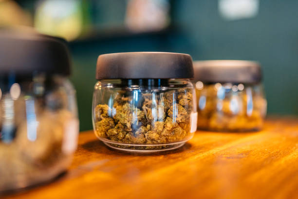 Herbal cannabis (marijuana) in a jar in a cannabis shop in Thailand.