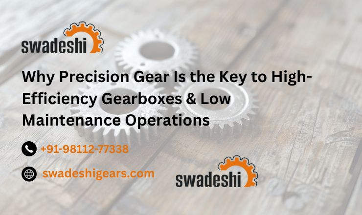 Swadeshi Gears promotional banner showing precision gears with text highlighting the importance of precision gears for high-efficiency gearboxes and low maintenance operations, along with company logo, phone number, and website.