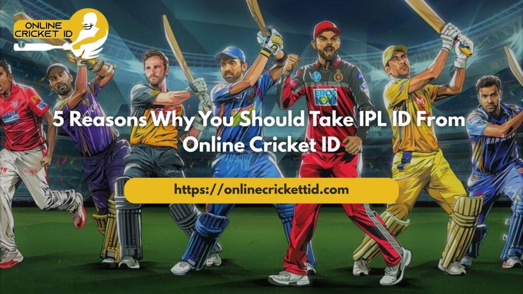 Promotional banner for Online Cricket ID featuring illustrated IPL-style cricketers in different team jerseys holding bats inside a stadium, with the headline “5 Reasons Why You Should Take IPL ID From Online Cricket ID” and the website link [https://onlinecricketid.com](https://onlinecricketid.com) displayed prominently.