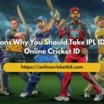 Promotional banner for Online Cricket ID featuring illustrated IPL-style cricketers in different team jerseys holding bats inside a stadium, with the headline “5 Reasons Why You Should Take IPL ID From Online Cricket ID” and the website link [https://onlinecricketid.com](https://onlinecricketid.com) displayed prominently.