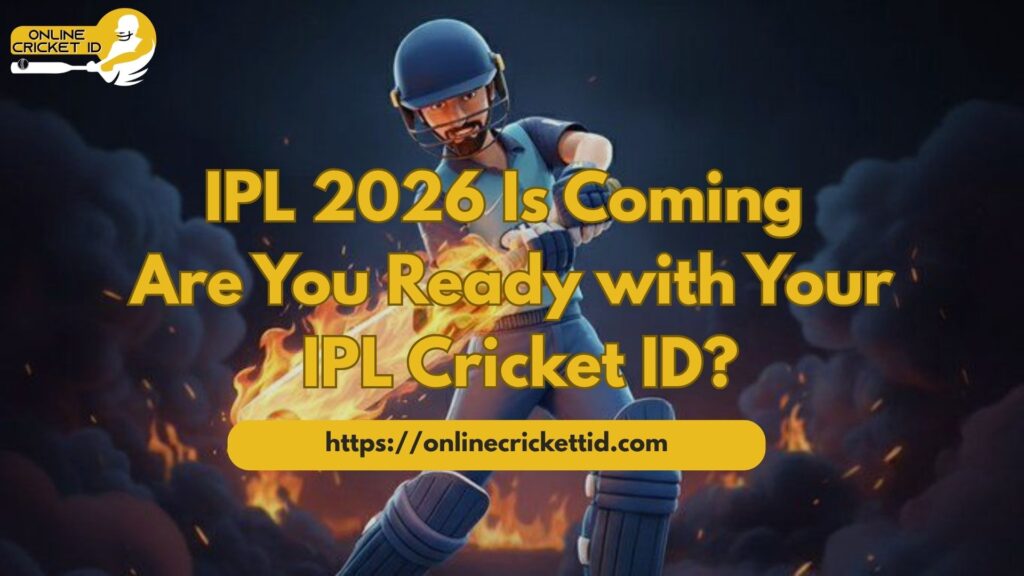 A promotional graphic featuring a stylized animated cricketer swinging a flaming bat against a dramatic dark background with fire effects. The text reads “IPL 2026 Is Coming – Are You Ready with Your IPL Cricket ID?” promoting an IPL Betting ID service. The “Online Cricket ID” logo appears in the top corner, and the website “https://onlinecricketid.com” is displayed at the bottom.