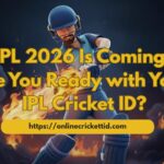 A promotional graphic featuring a stylized animated cricketer swinging a flaming bat against a dramatic dark background with fire effects. The text reads “IPL 2026 Is Coming – Are You Ready with Your IPL Cricket ID?” promoting an IPL Betting ID service. The “Online Cricket ID” logo appears in the top corner, and the website “https://onlinecricketid.com” is displayed at the bottom.