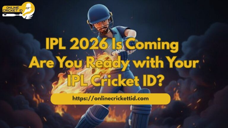 A promotional graphic featuring a stylized animated cricketer swinging a flaming bat against a dramatic dark background with fire effects. The text reads “IPL 2026 Is Coming – Are You Ready with Your IPL Cricket ID?” promoting an IPL Betting ID service. The “Online Cricket ID” logo appears in the top corner, and the website “https://onlinecricketid.com” is displayed at the bottom.