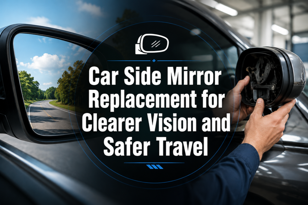 Car side mirror replacement technician installing a new vehicle side mirror for clearer vision and safer travel on a modern car.