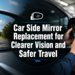 Car side mirror replacement technician installing a new vehicle side mirror for clearer vision and safer travel on a modern car.