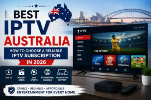 Australian family using IPTV Australia on a Smart TV during modern home entertainment