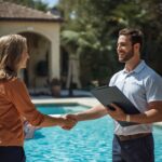 lucid-origin_A_friendly_pool_technician_handing_a_homeowner_a_clipboard_with_a_service_checkl-0