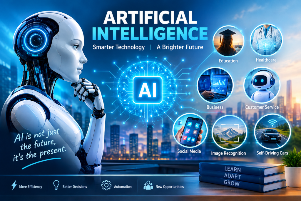 Artificial Intelligence technology with a futuristic AI robot and digital applications