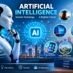 Artificial Intelligence technology with a futuristic AI robot and digital applications