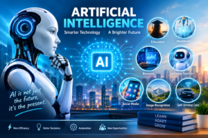 Artificial Intelligence technology with a futuristic AI robot and digital applications