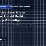 Software developer analyzing an Odoo Pilot Module Builder curriculum dashboard for odoo app development